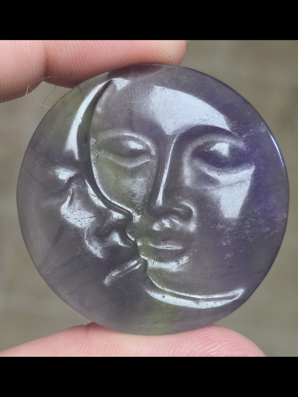 Fluorite Sun & Moon Pocket Stone Carving | Purple & Green Fluorite Crystal Palm